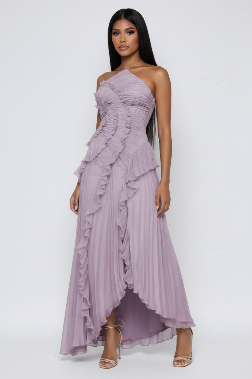 Modelo vestido volantes lavanda - tres cuartos