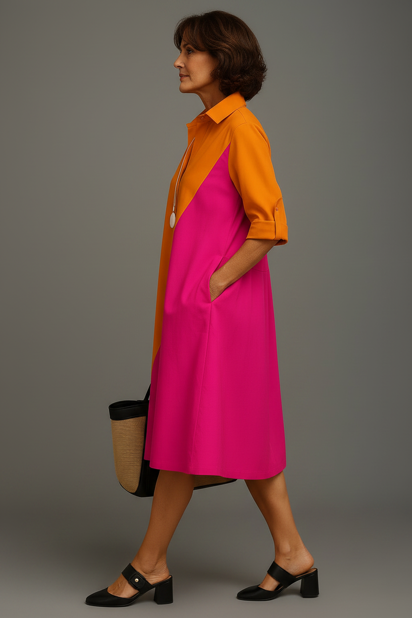 Vestido midi naranja rosa - pose lateral caminando