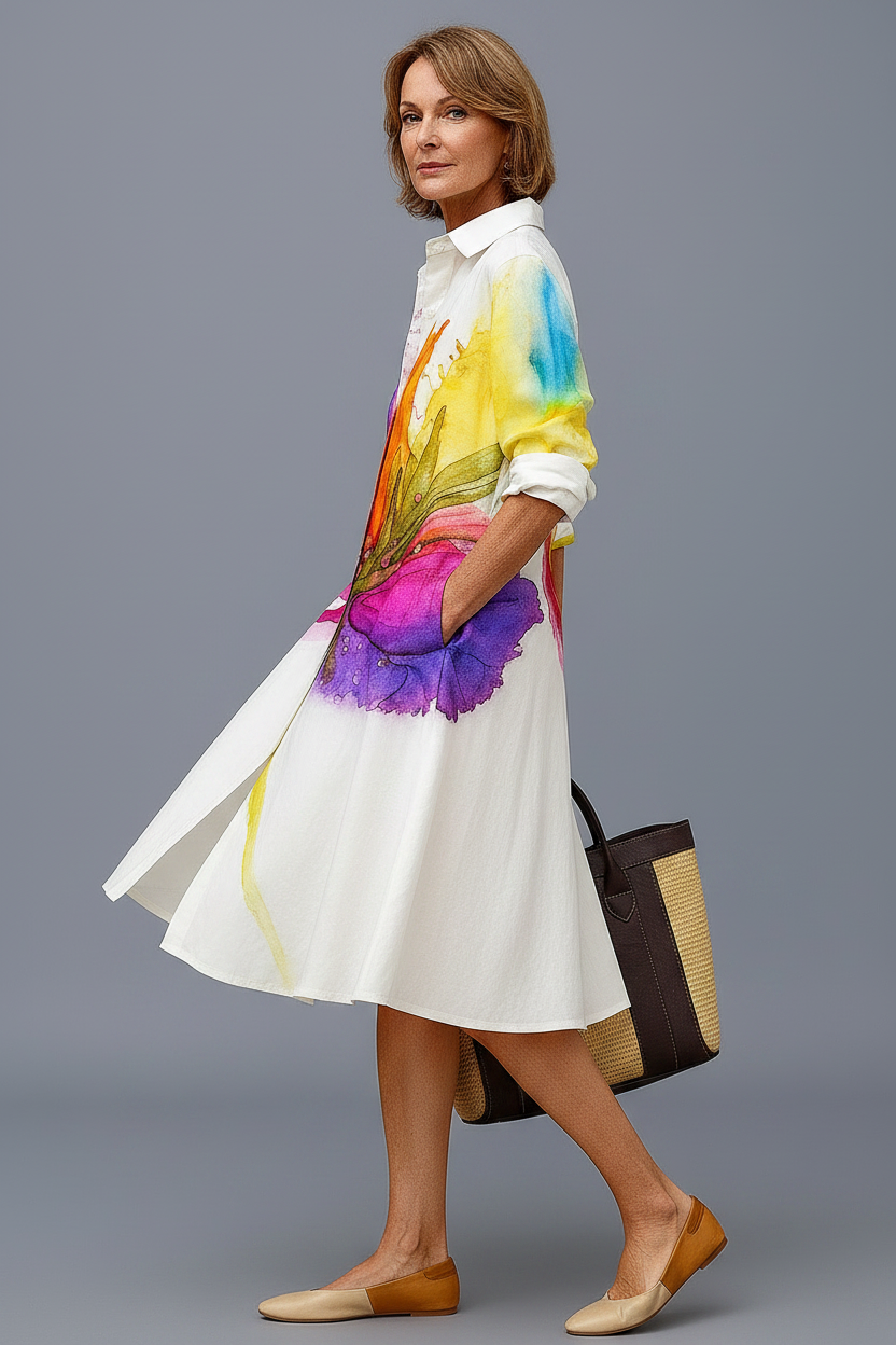 Vestido midi colorido - pose lateral caminando