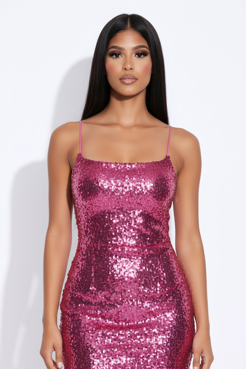 Modelo primer plano vestido lentejuelas rosa