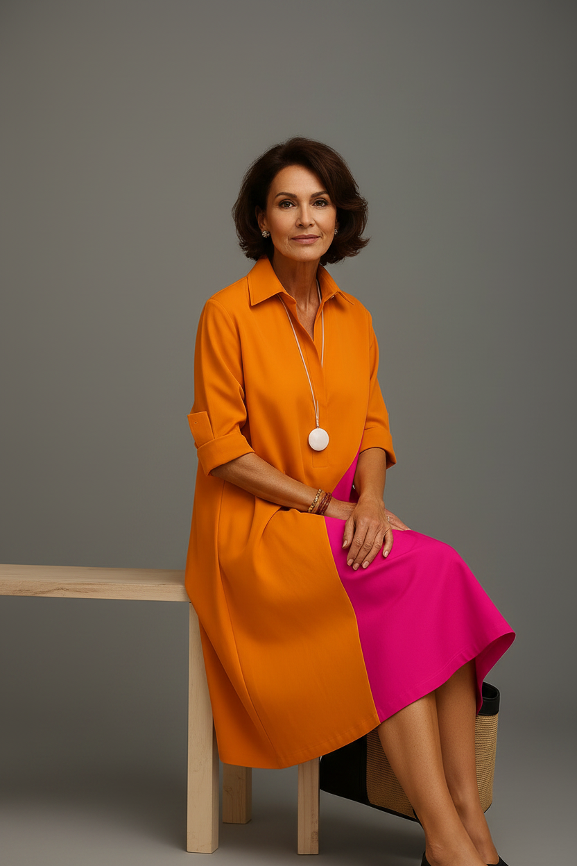 Vestido midi naranja rosa - sentada con elegancia