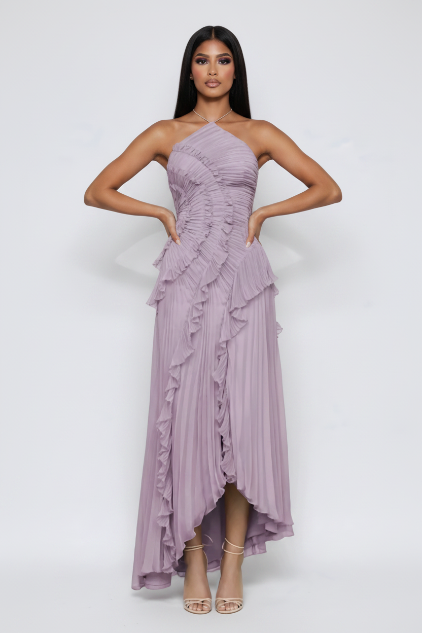 Modelo vestido volantes lavanda - power pose