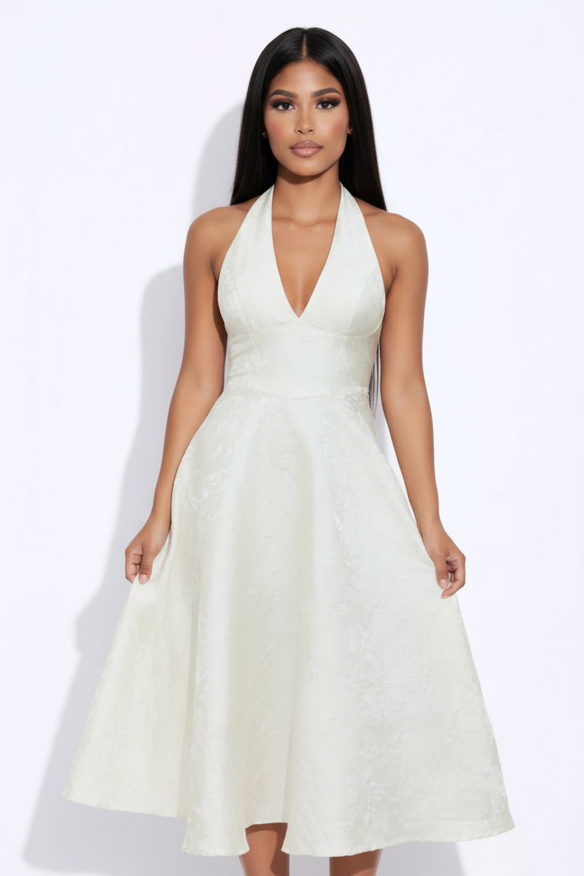 Modelo frontal vestido halter jacquard blanco