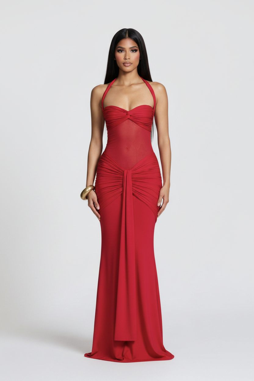 Modelo vestido sirena reloj de arena rojo - frontal