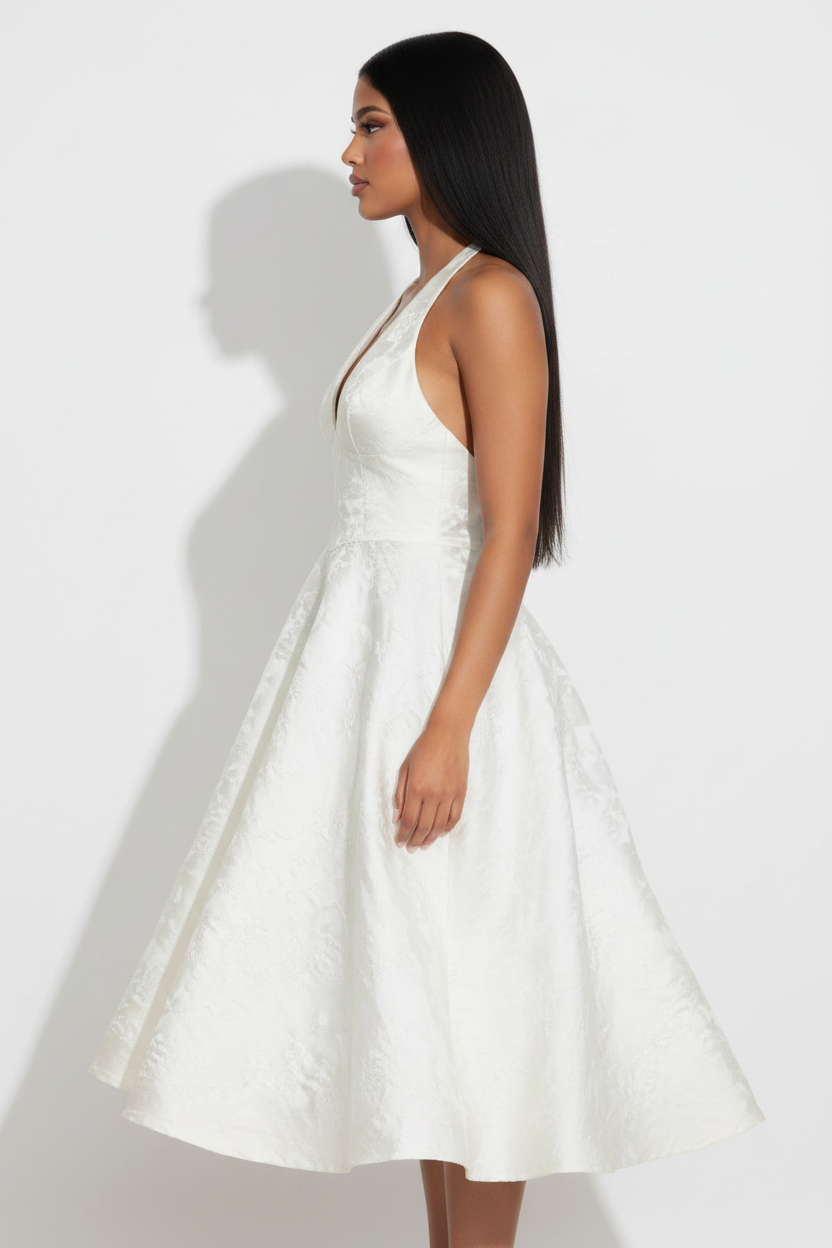 Modelo perfil vestido halter jacquard blanco