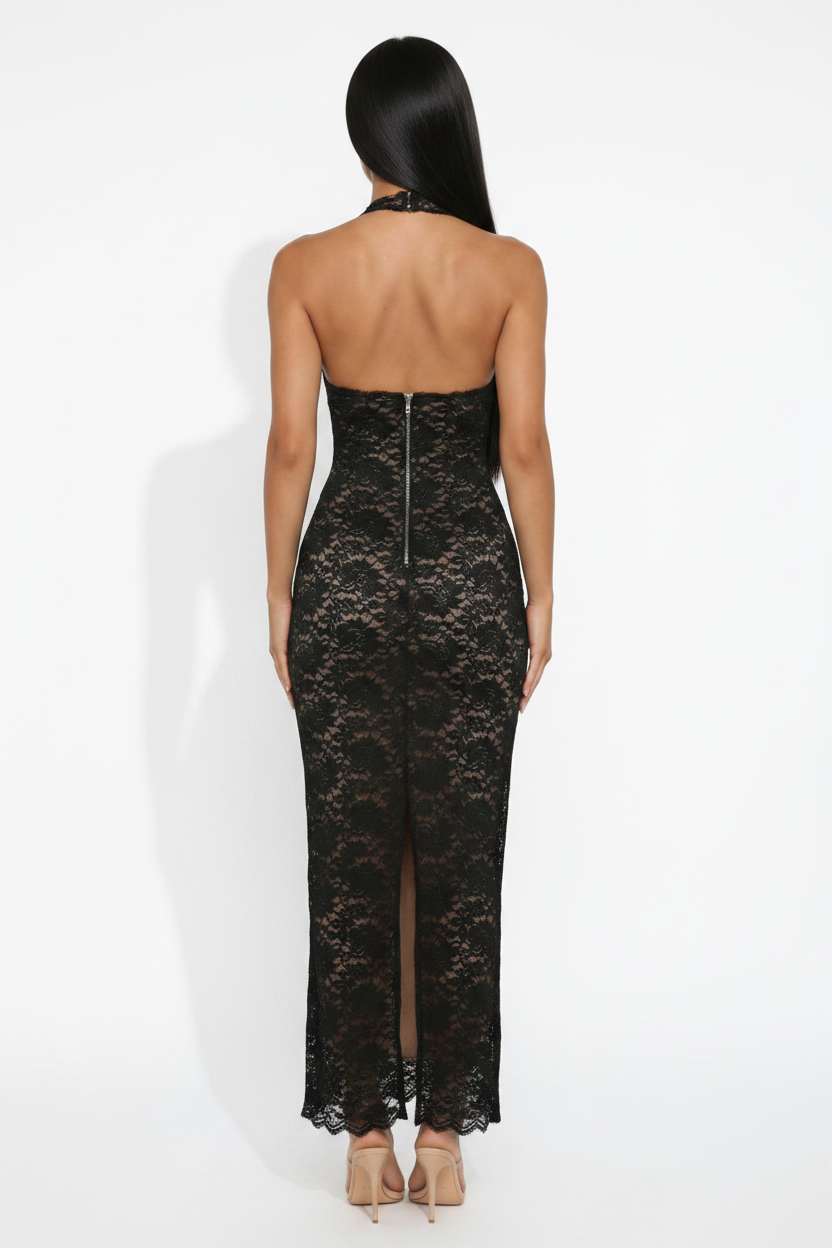 Modelo vestido largo encaje negro - espalda abierta cremallera