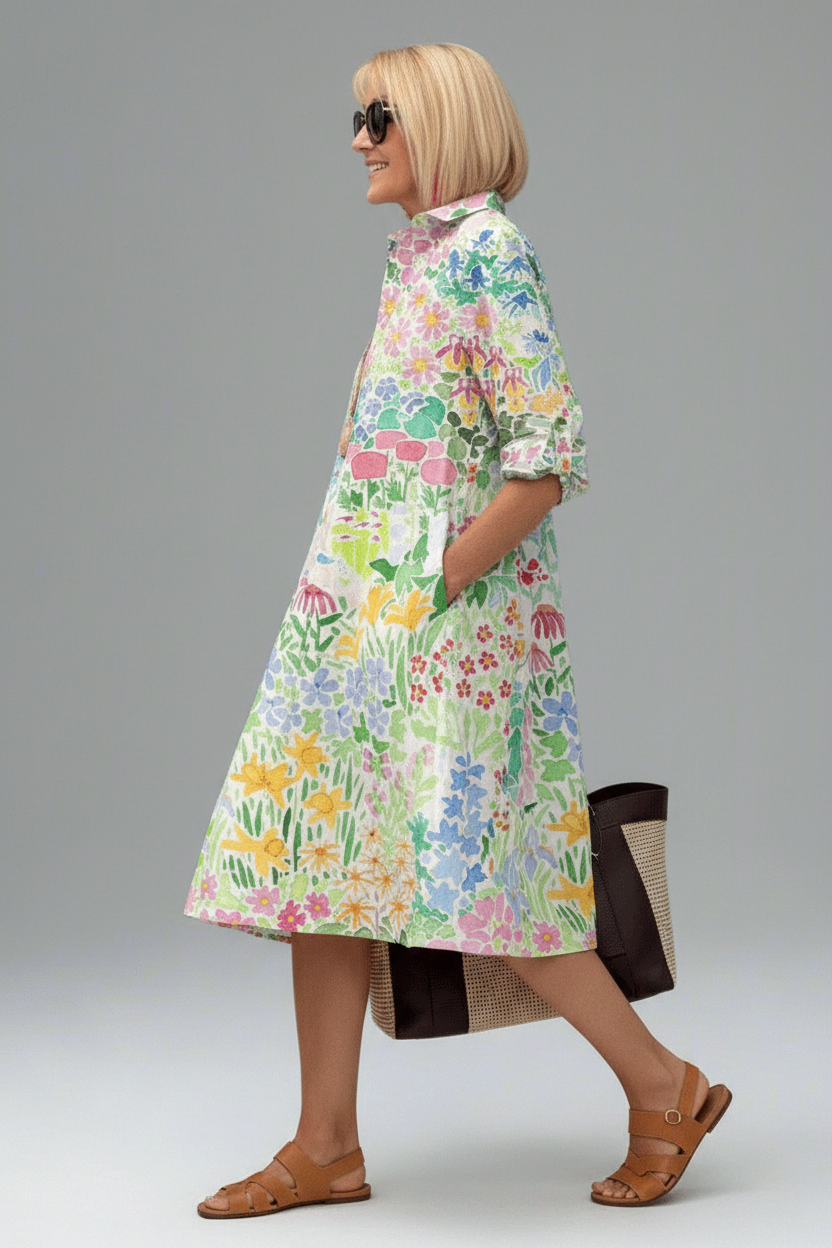 Vestido midi flores multicolores - pose lateral caminando
