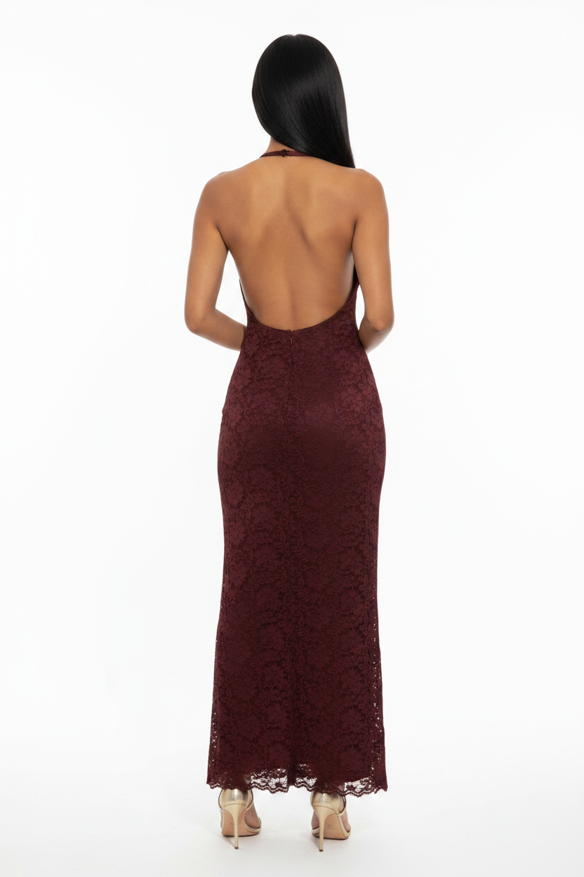 Modelo vestido largo encaje burdeos - espalda completa