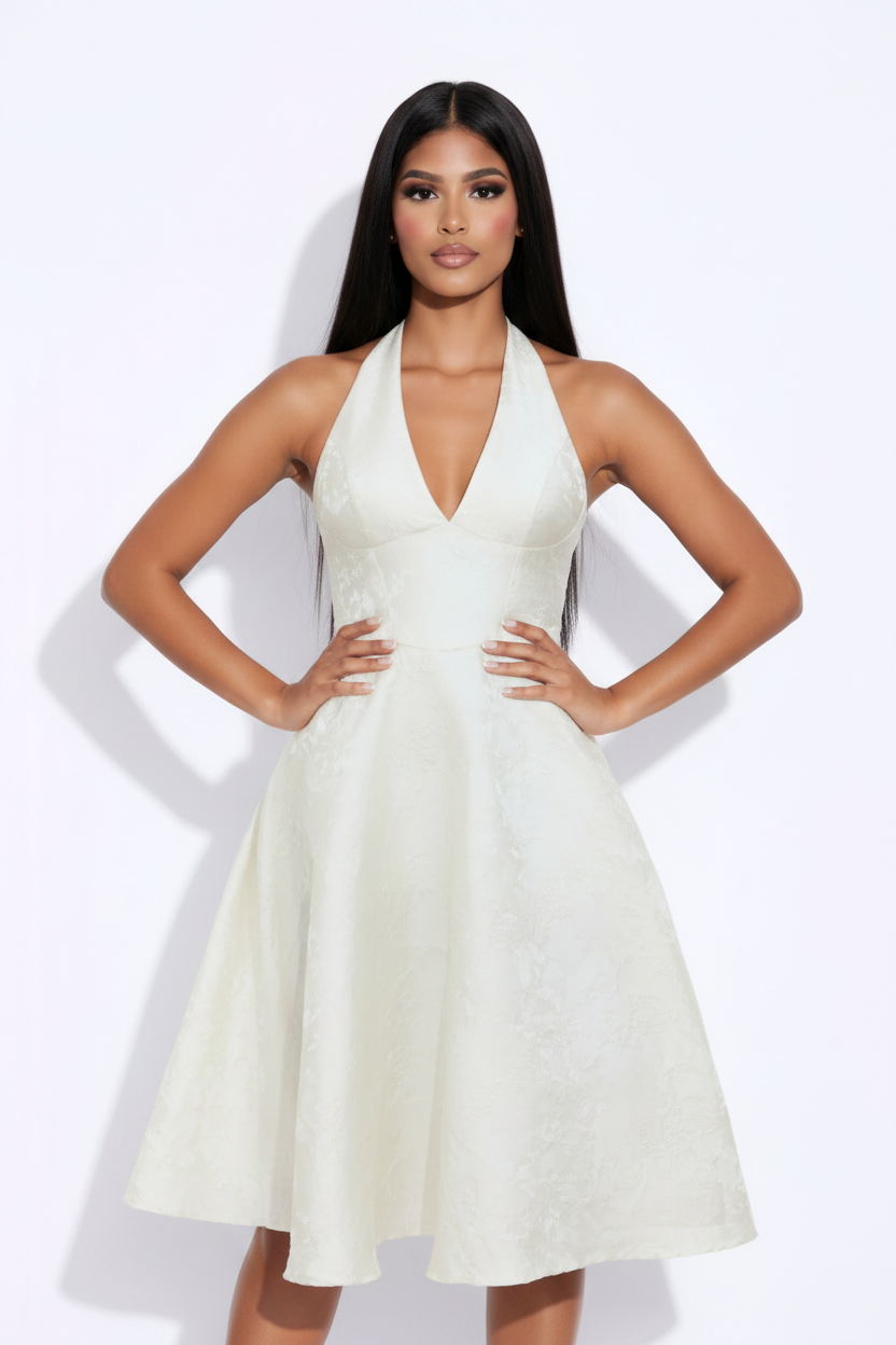 Modelo manos cadera vestido halter jacquard blanco