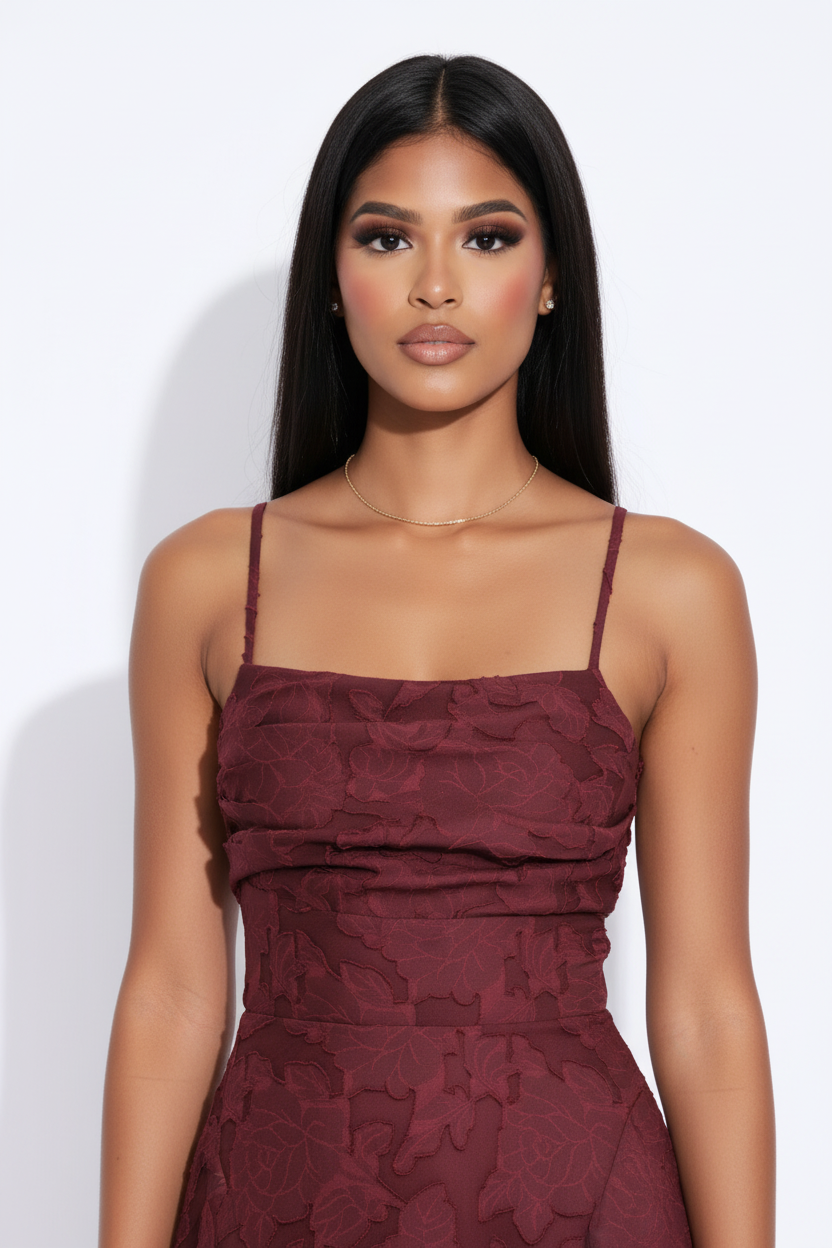 Primer plano modelo con vestido largo jacquard burdeos