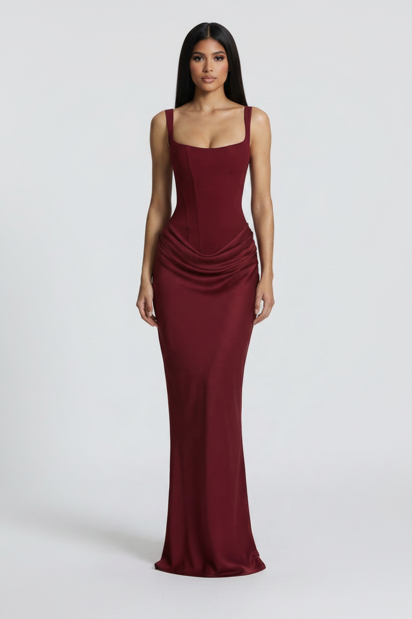 Modelo frontal vestido reloj arena burdeos