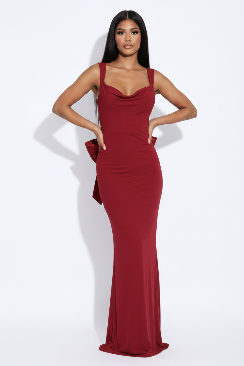 Modelo vestido lazo espalda rojo - mano en cadera