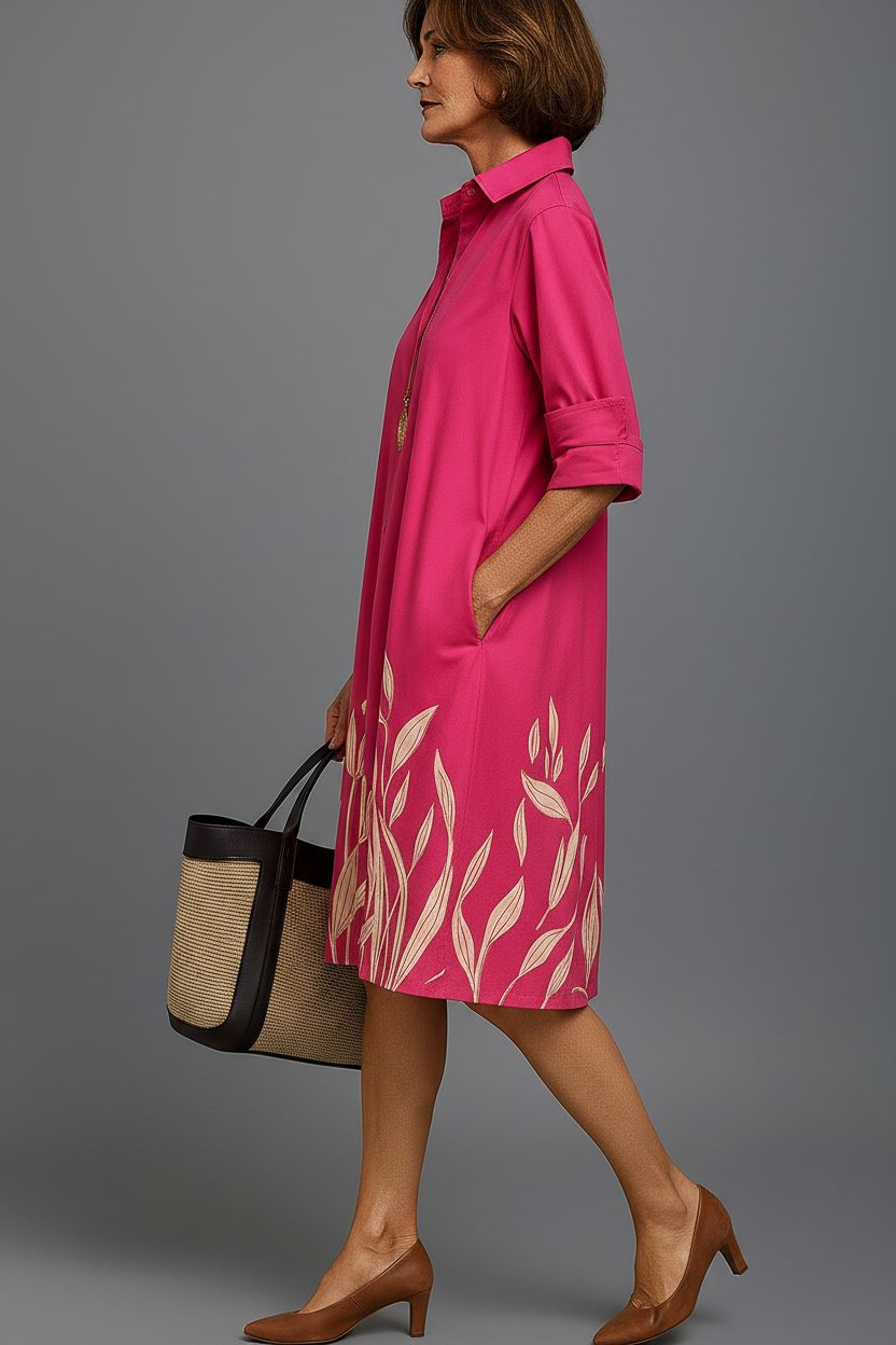 Vestido midi rosa - pose lateral caminando