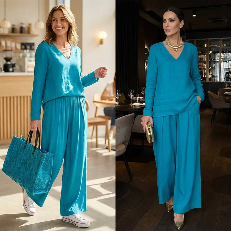 Conjunto con cuello en V y pantalones de pierna ancha